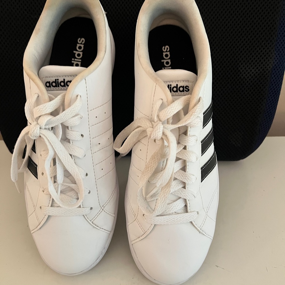 Adidas White Sneakers with Black Stripes